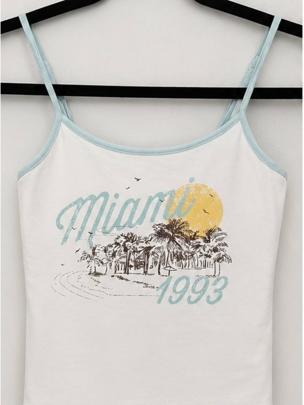 Streetwear Society White Tank with Light Blue Trim and Miami Sunset Graphic